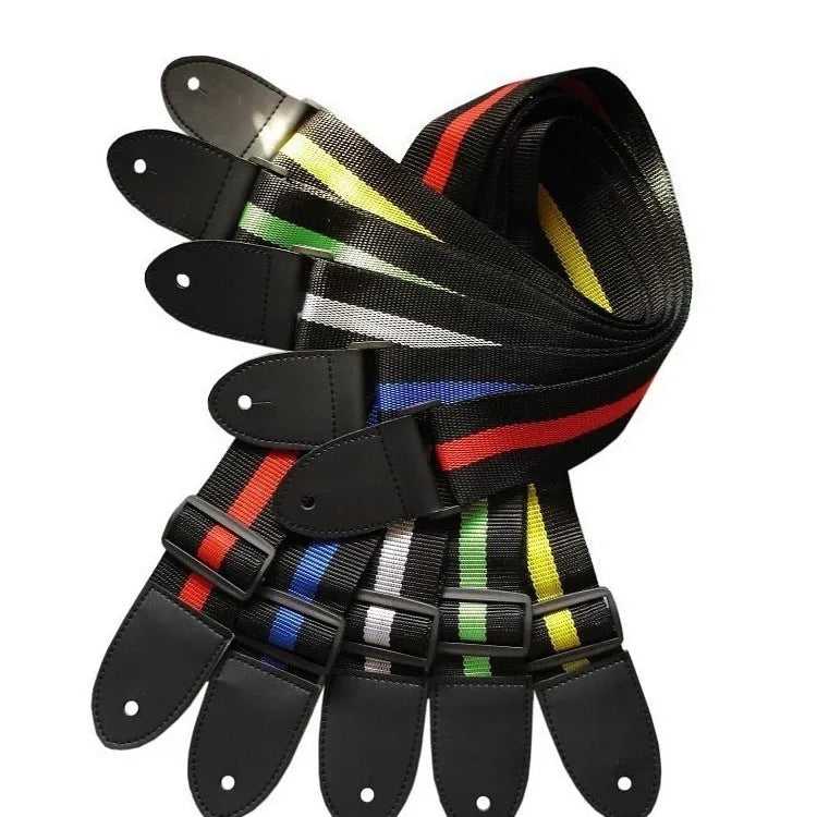 Woven crossbody guitar strap shown in one of five colours: Army Green, Dark Blue, Red, White, or Yellow.