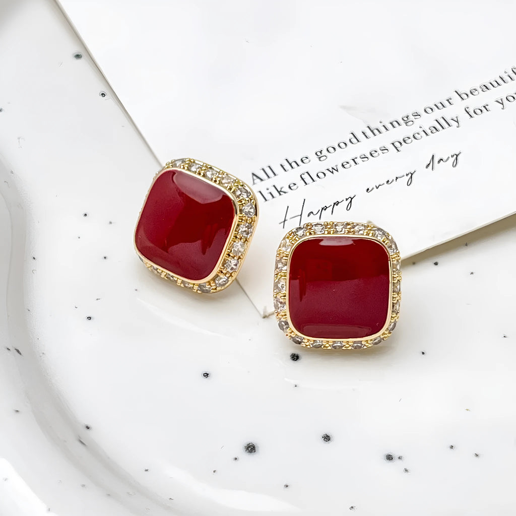 Red geometric square alloy earrings with seiko treatment for women