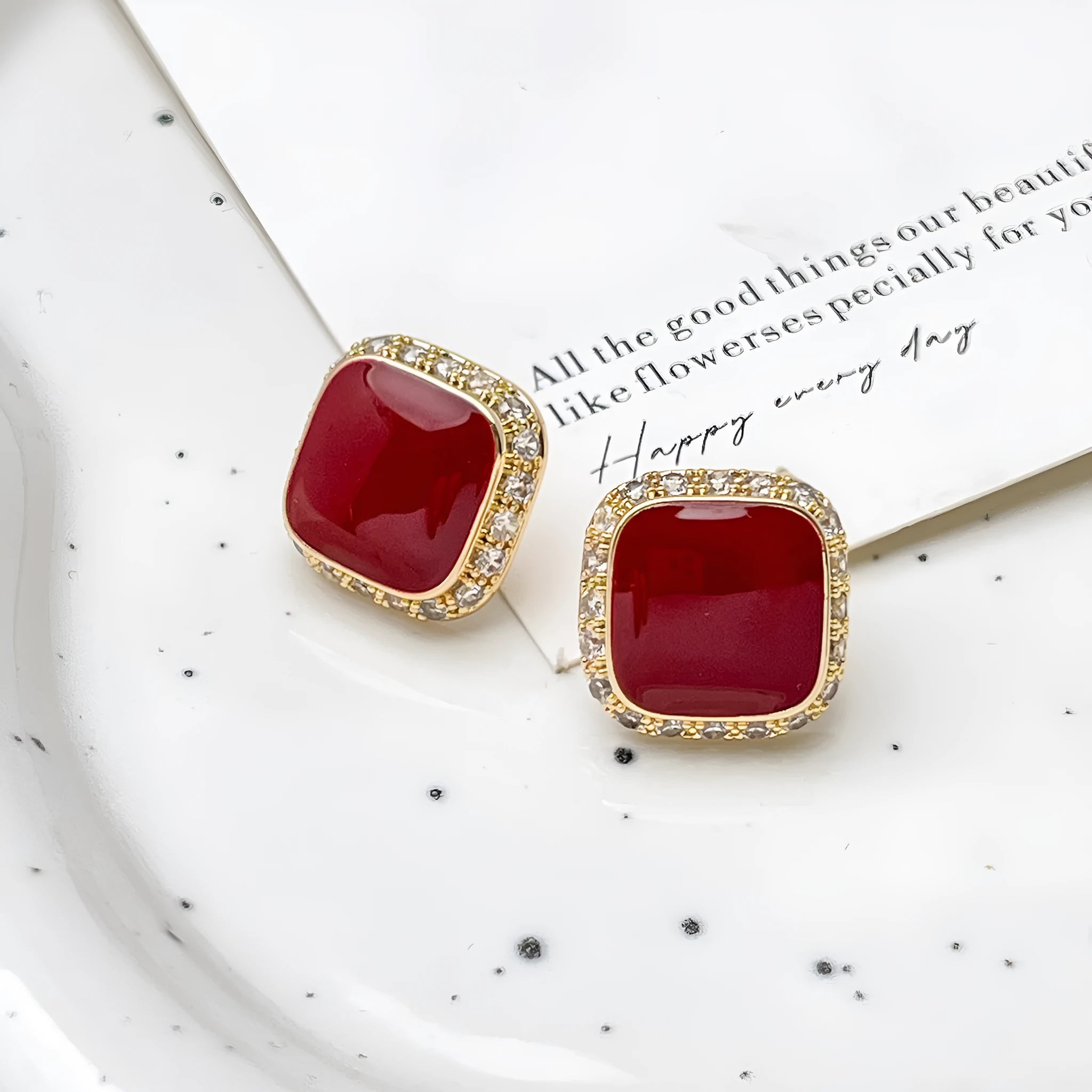 Red geometric square alloy earrings with seiko treatment for women
