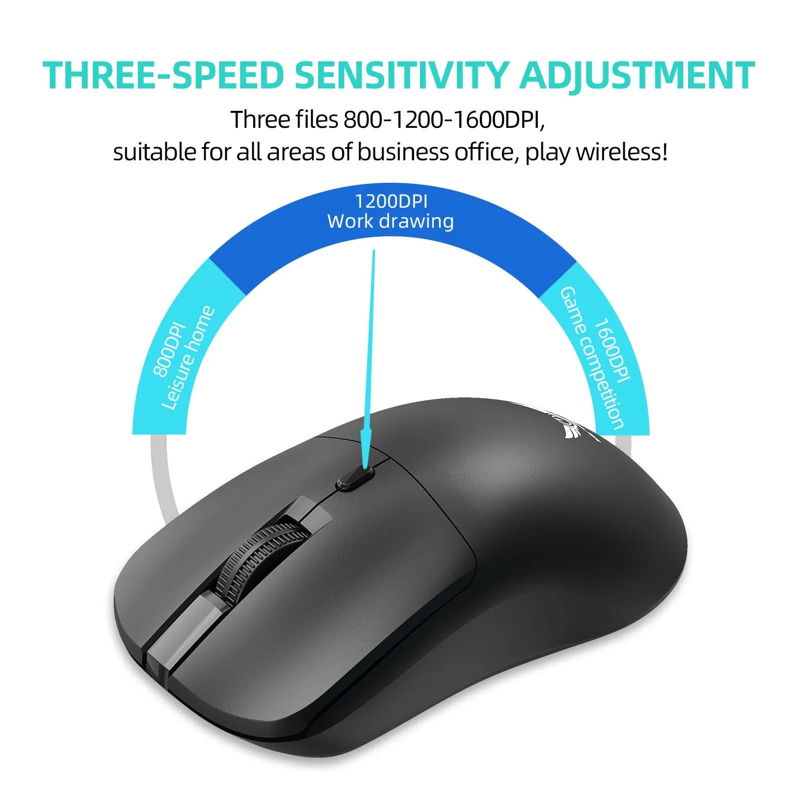 Black wireless laptop mouse with three-gear audio button shown on desk