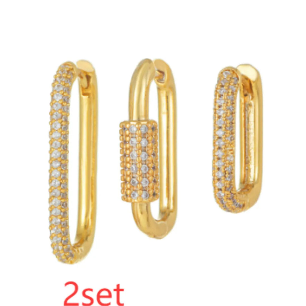Geometric copper ear clip three-piece set with inlaid zircon stones in gold or white finish