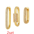 Geometric copper ear clip three-piece set with inlaid zircon stones in gold or white finish