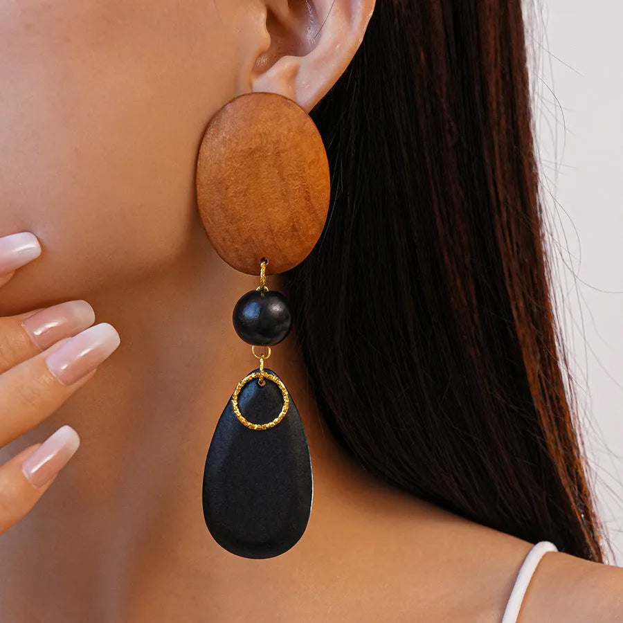 Wooden retro elliptical earrings with silver needle-brown-black colour manual processing