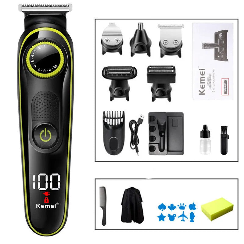 Black KM-696 household electric hair clipper set with USB charging cable and stainless steel blades
