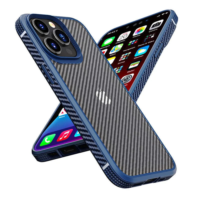 Black anti-fall protective phone case for iPhone 13 with a carbon fibre pattern on the back.