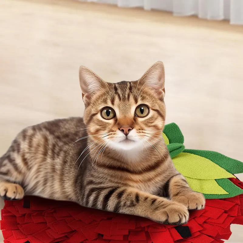 Red and green strawberry-shaped pet slow feeder snuffle mat on a floor