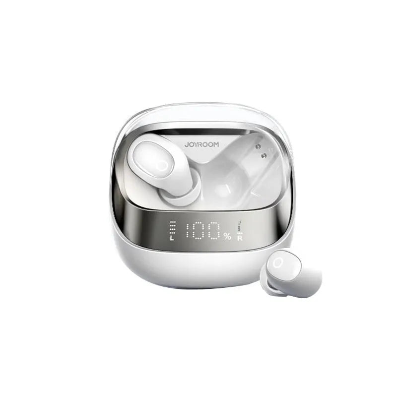 Wireless Bluetooth in-ear headphones in dawn white with a compact USB-C charging case.
