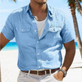 Men's loose-fit solid colour cotton shirt with polo collar and long sleeves in apricot, grey, green, or sky blue.