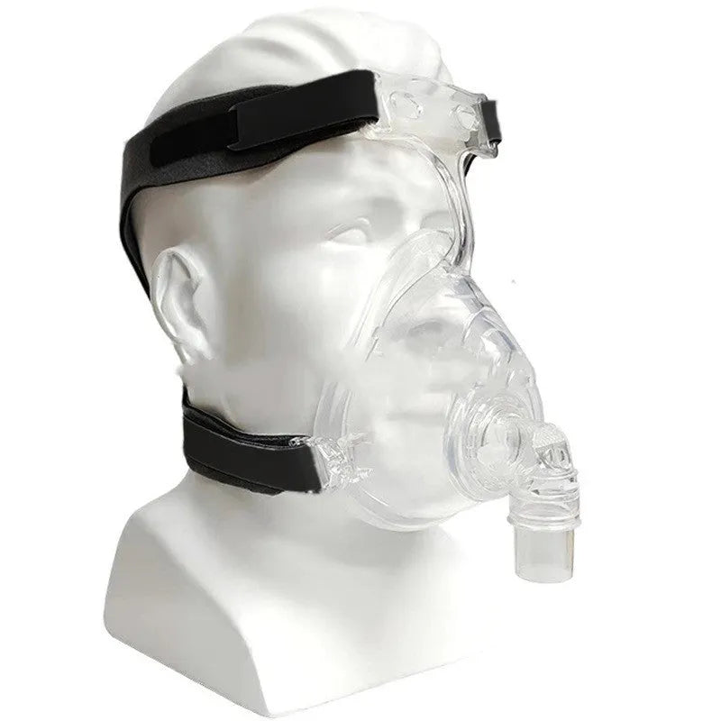 Transparent silicone CPAP breathing mask with headgear and adapter elbows