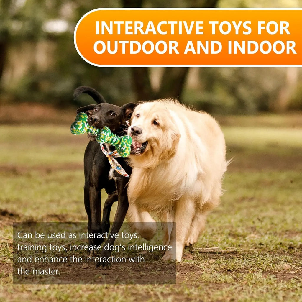 Natural rubber dog chew toy with camouflage pattern, shown in green, white, and yellow, bone-shaped for medium and large breed dogs.