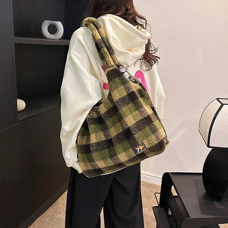Women's plaid crossbody tote bag in soft plush material with dimensions 40x44x9cm