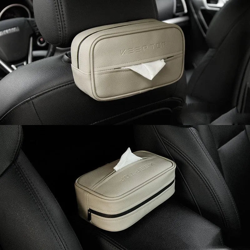 Black PU leather hanging storage box with paper bag liner, shown suspended.