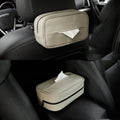 Black PU leather hanging storage box with paper bag liner, shown suspended.