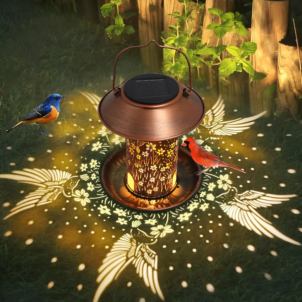 Solar-powered iron bird feeder garden light with hummingbird pattern and waterproof IP65 rating