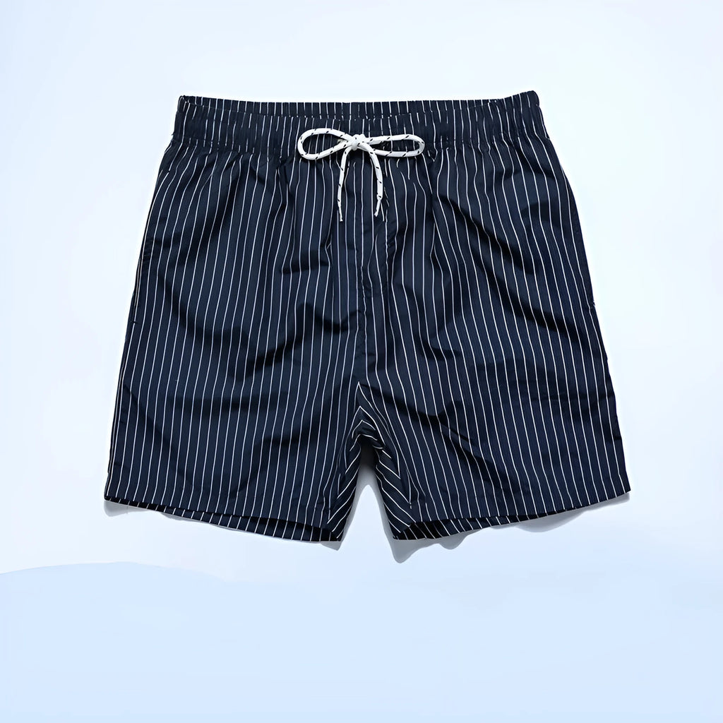 Men's striped polyester shorts with triangle lining in navy blue, straight leg opening for beachwear