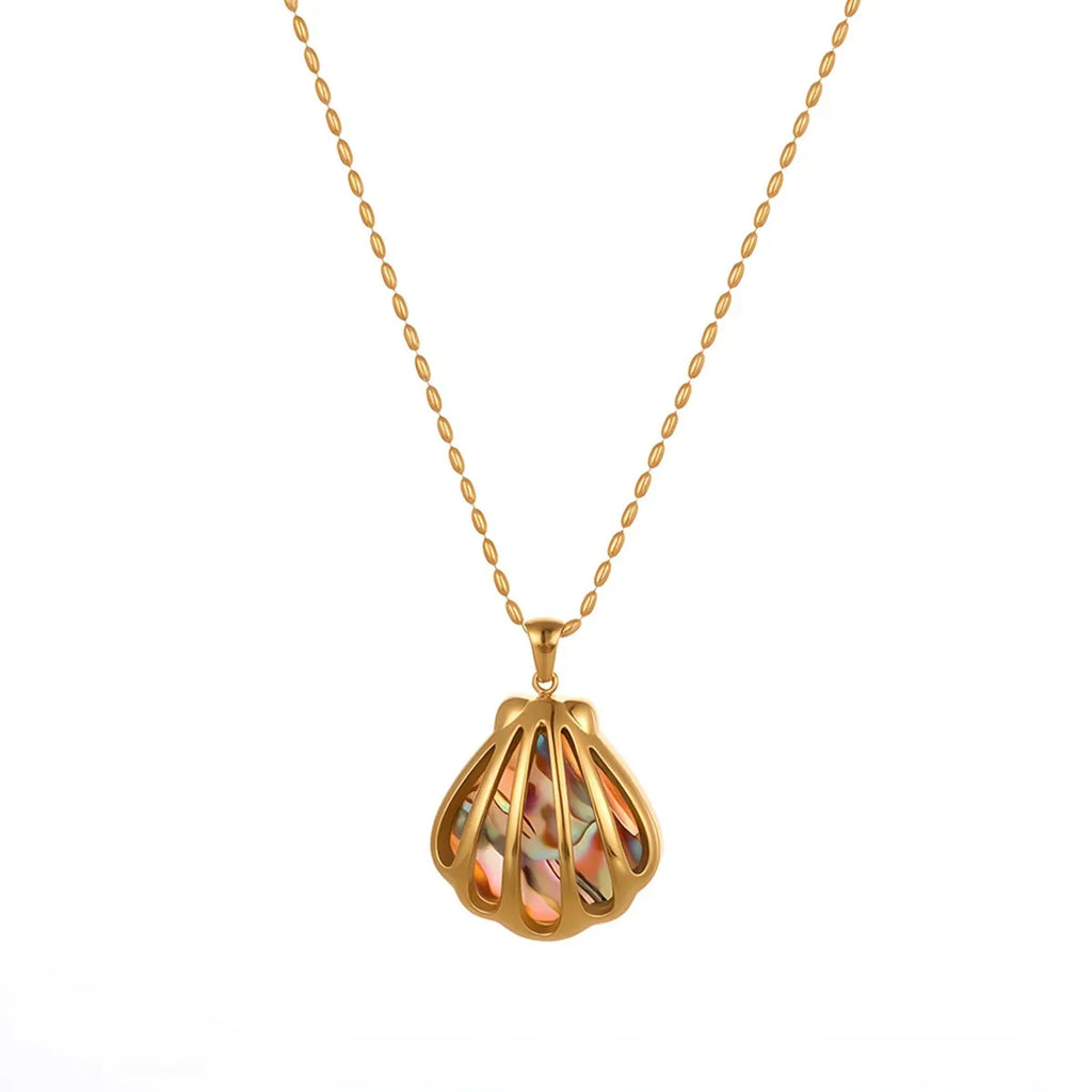 Gold plated stainless steel scallop shell stud earrings and necklace set with fan-shaped geometric design