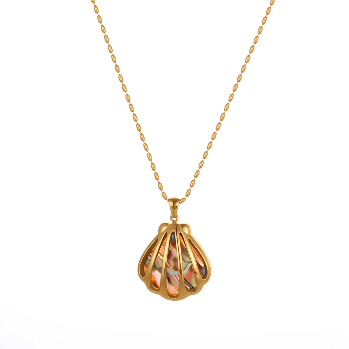 Gold plated stainless steel scallop shell stud earrings and necklace set with fan-shaped geometric design