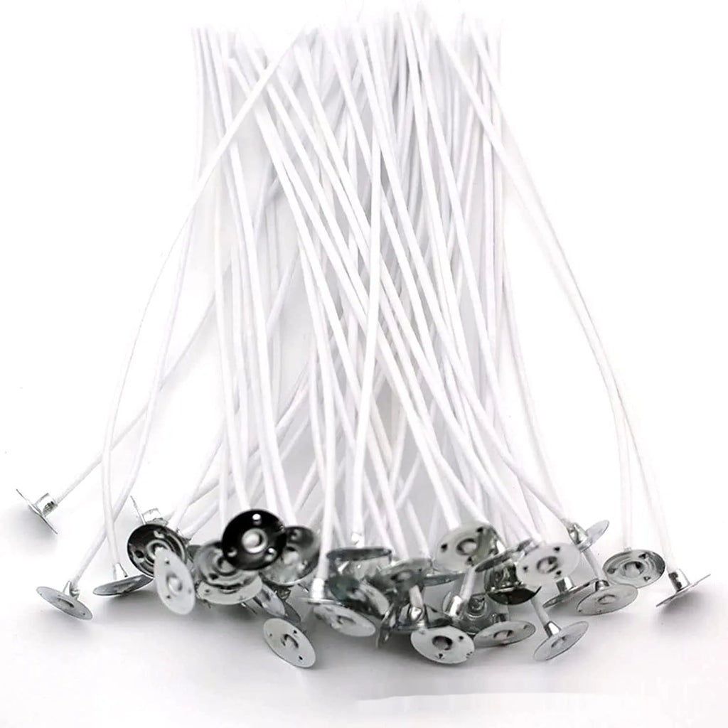 White cotton candle wicks in three lengths: 2.6cm, 6cm, and 8cm, for DIY candle making.