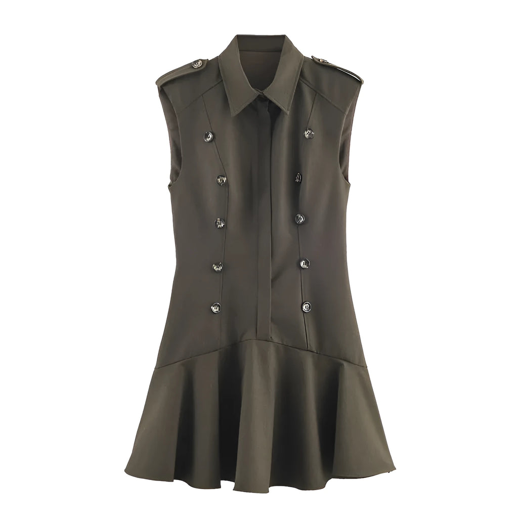 Women's Short Dress with Padded Shoulder Laminated Decoration Asymmetric Pleated Plaid Mid Waist Long Sleeve Nylon European American Style for Commute Temperament Size XS to L
