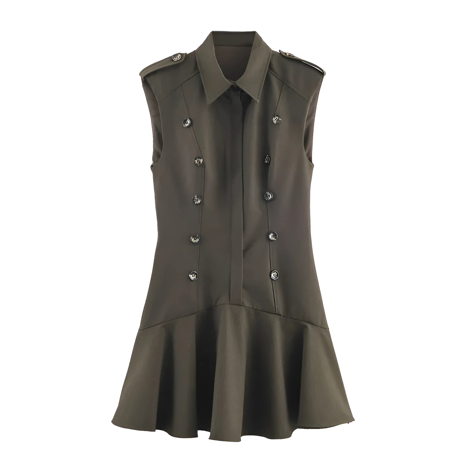 Women's Short Dress with Padded Shoulder Laminated Decoration Asymmetric Pleated Plaid Mid Waist Long Sleeve Nylon European American Style for Commute Temperament Size XS to L