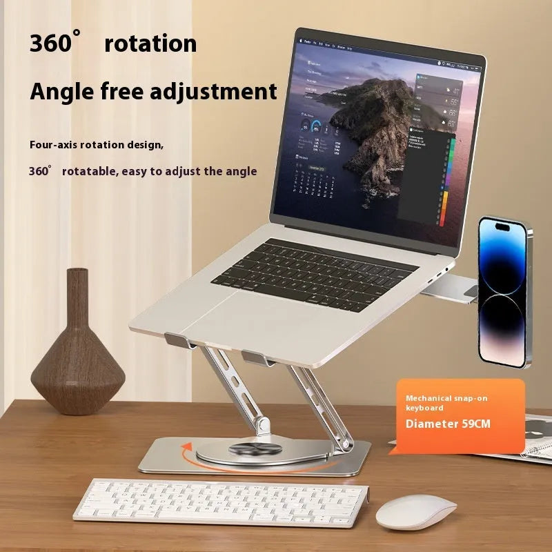 Silver carbon steel laptop stand with side-mounted magnetic phone holder rotated to show 360-degree movement