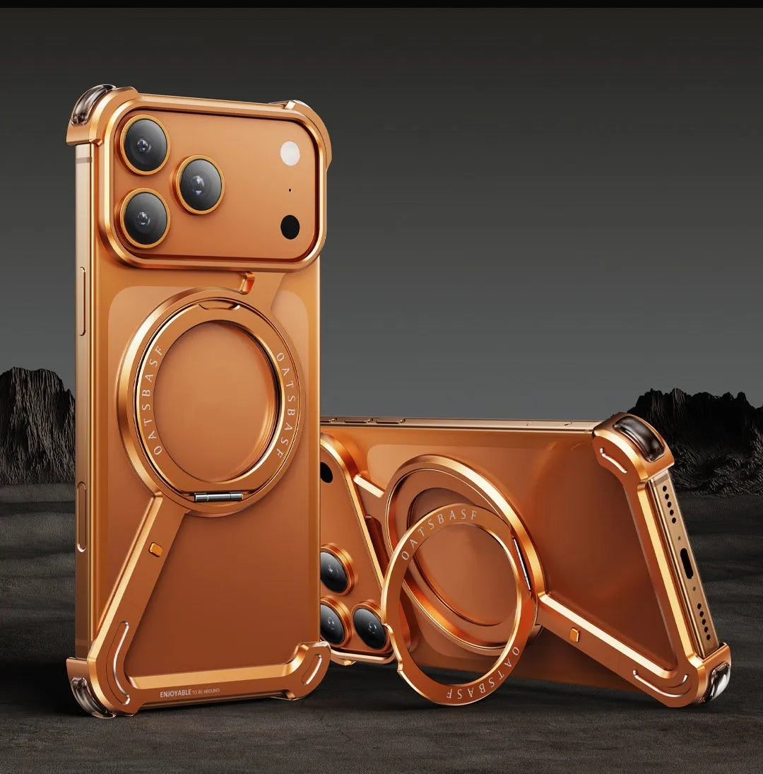 Black metal iPhone 17 Pro Max case with an integrated magnetic bracket on the back.