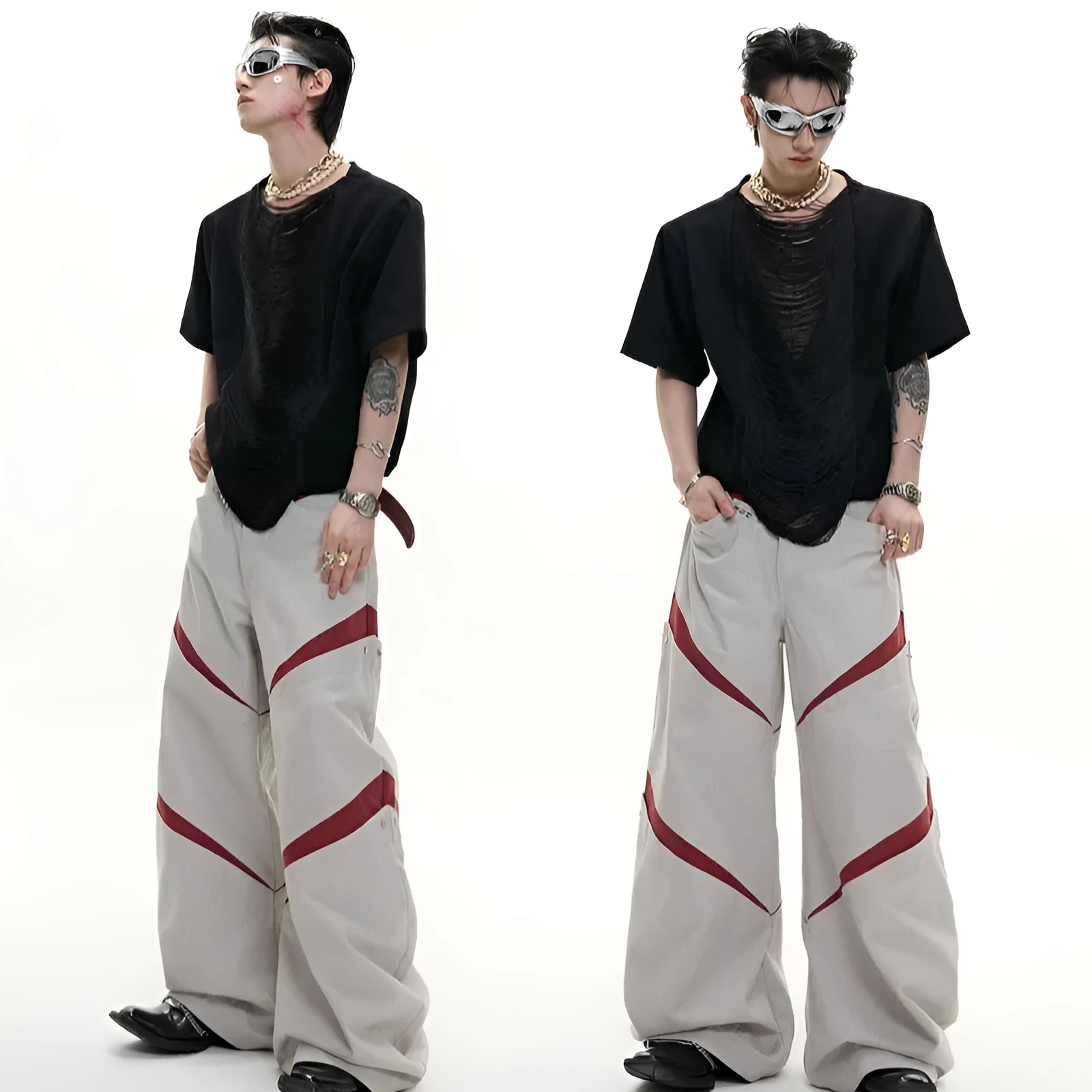 Men's black polyester t-shirt with V-neck hollow out design and loose fit