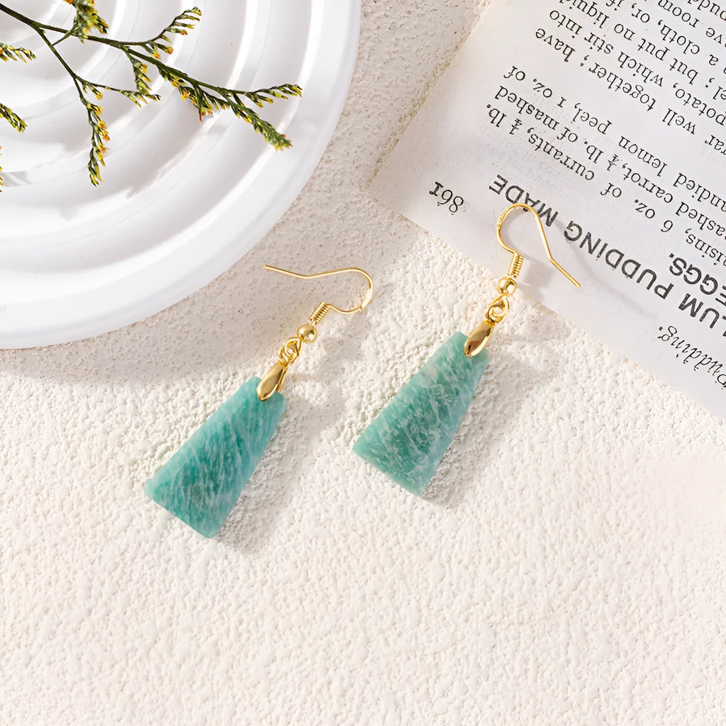 Amazonite rough stone trapezoid earrings with geometric octagon elements in gold and silver colour options