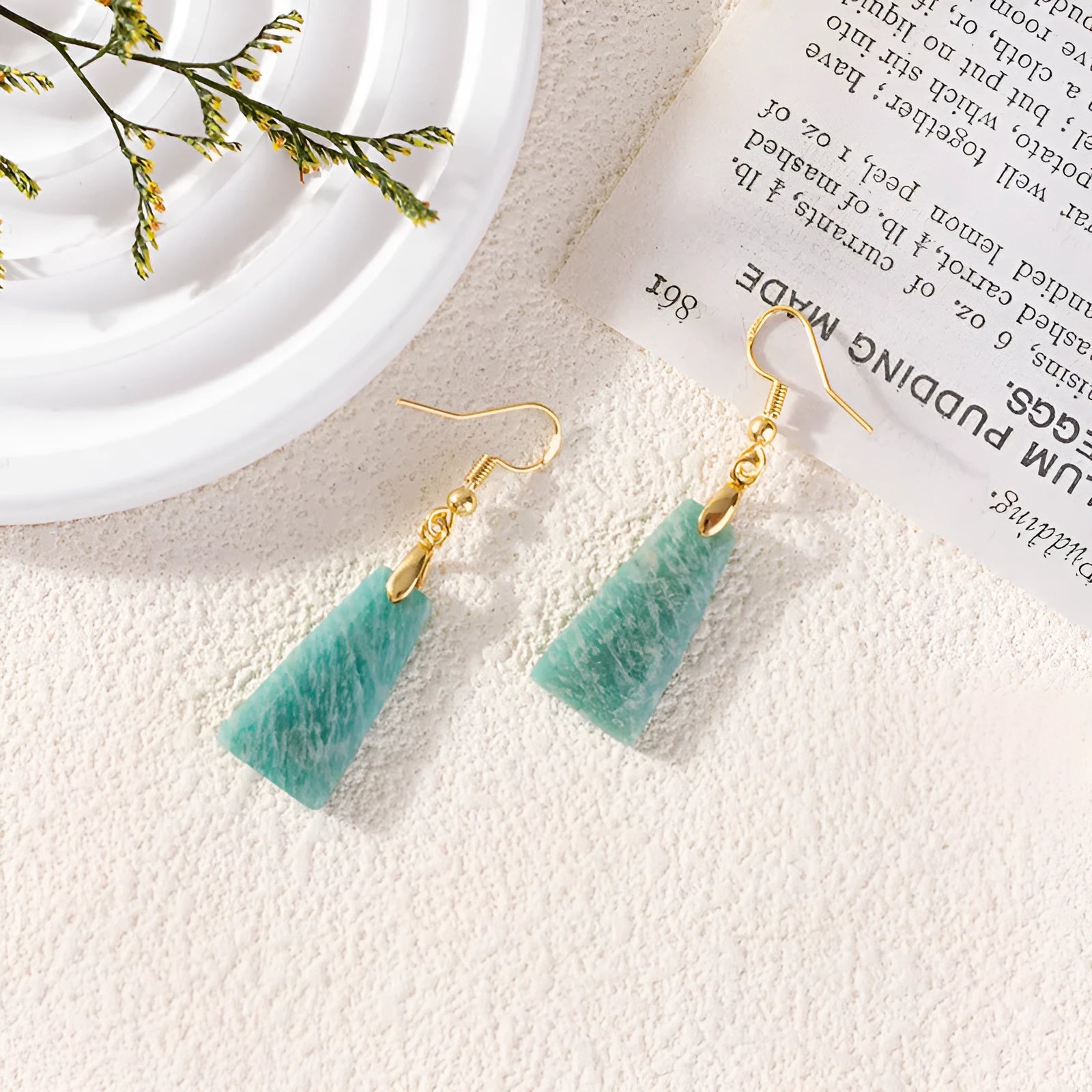 Amazonite rough stone trapezoid earrings with geometric octagon elements in gold and silver colour options