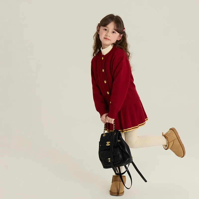 Red velvet yarn knit cardigan and pleated skirt two-piece set for girls 90-160cm