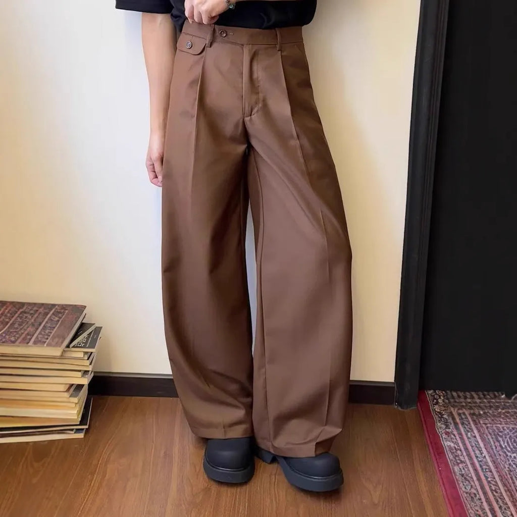 Men's brown casual suit pants with straight loose wide-leg fit and draping style