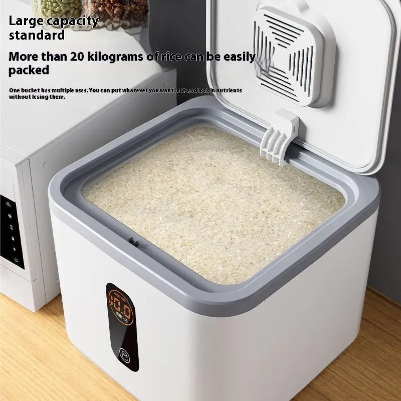 Grey plastic rice storage jar with sealed lid for insect and moisture protection