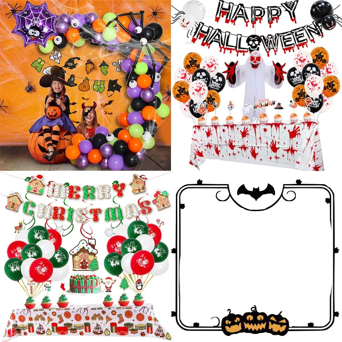 Halloween spider balloon arch decoration set with white and black latex balloons featuring skull and pumpkin designs