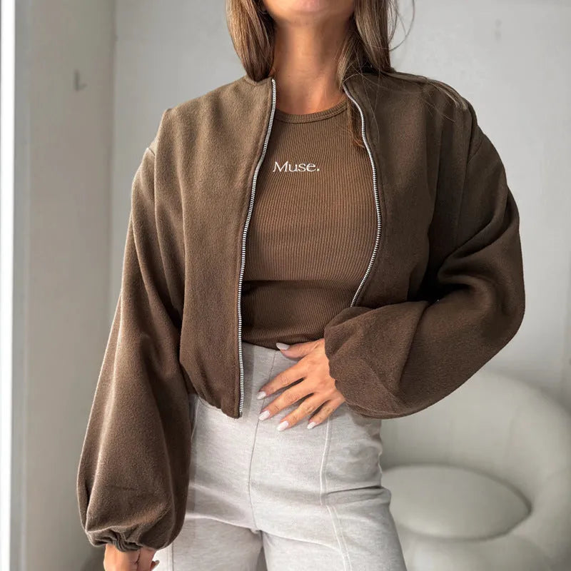 Women's off-shoulder round neck coat with lantern sleeves in loose Japanese Korean casual style