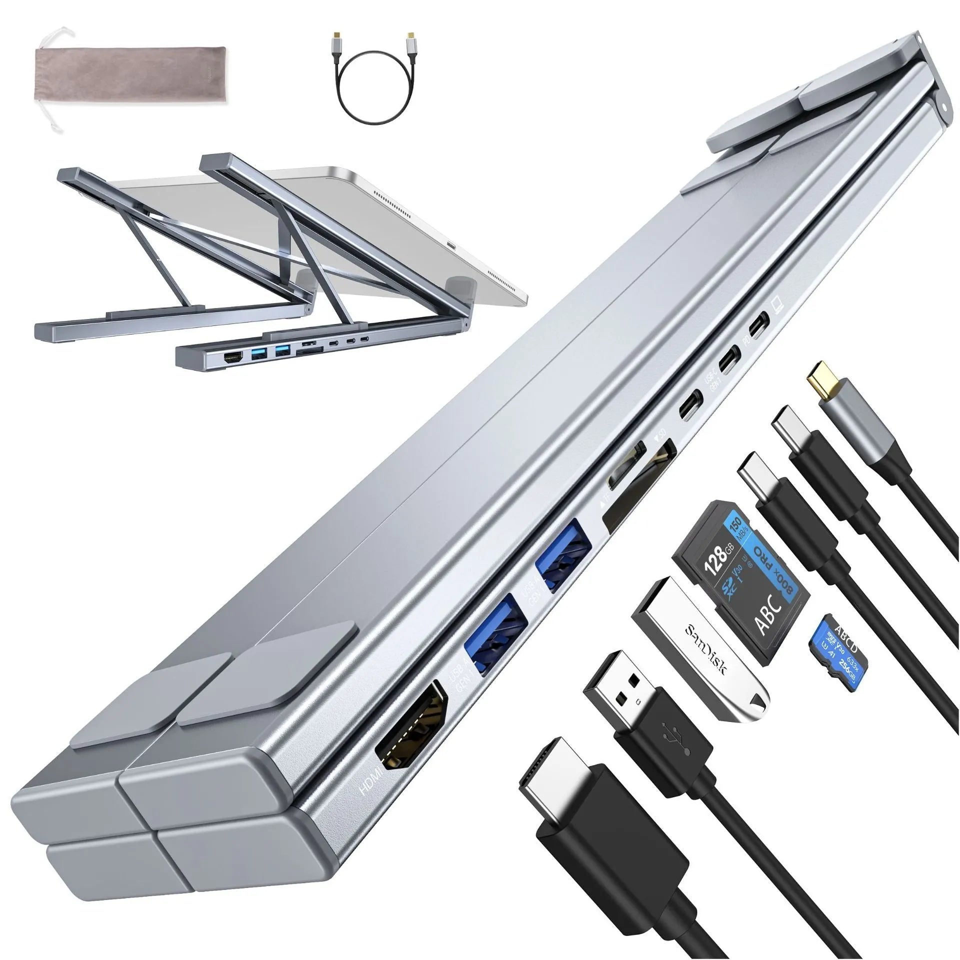 Aluminium alloy folding laptop docking station with 8-in-1 multi-interface hub showing compact design