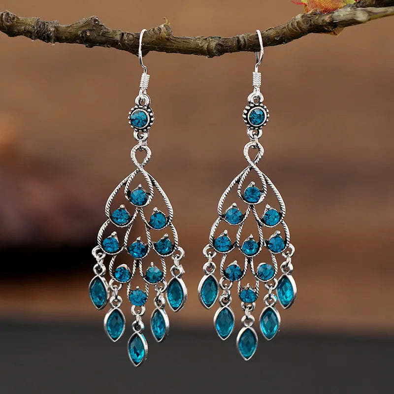 Purple retro fringe earrings with crystal drops and ethnic styling
