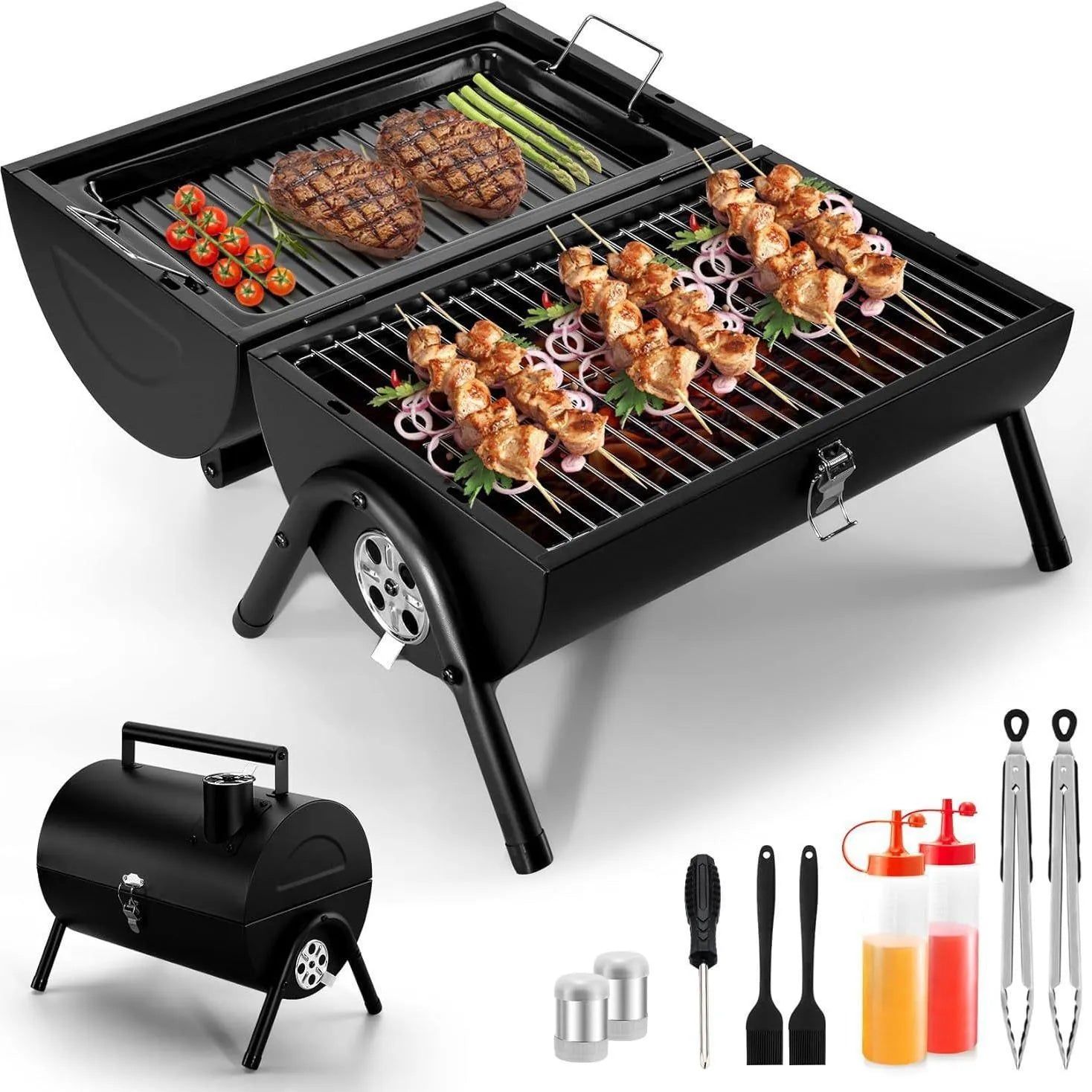 Small folding charcoal barbecue grill stove shown in use on a tabletop.