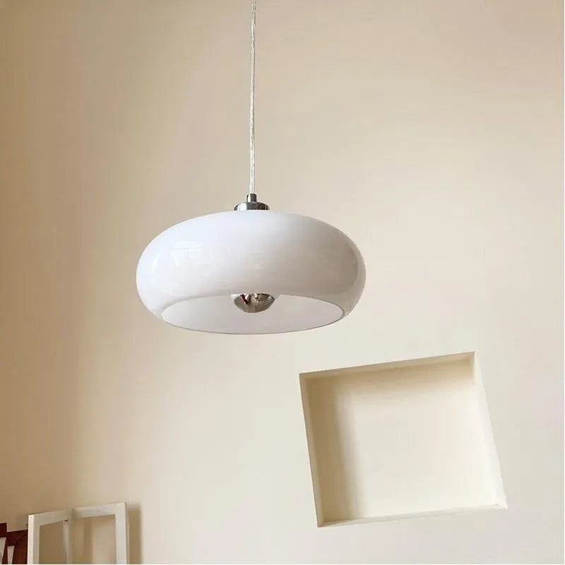 Bauhaus style three-headed pendant light with milk white egg tart glass shades