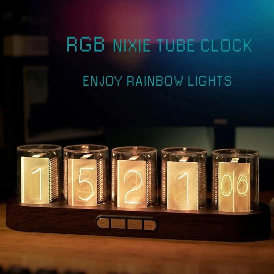 RGB LED digital clock with colourful display showing time, black plastic casing measuring 268mm wide