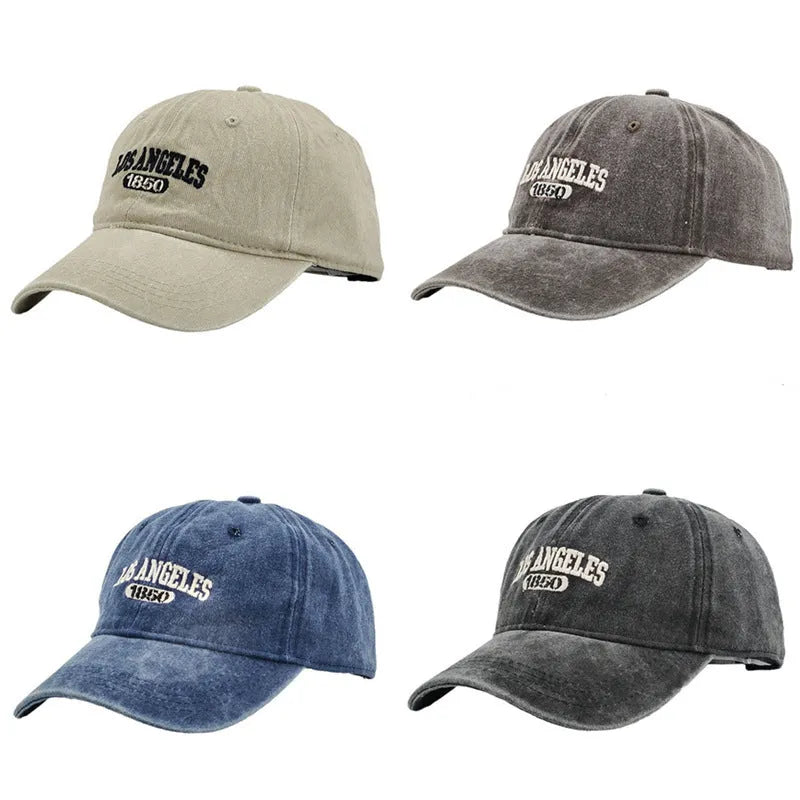 Retro personalised distressed acrylic peaked cap with embroidered letters, shown on adjustable strap.