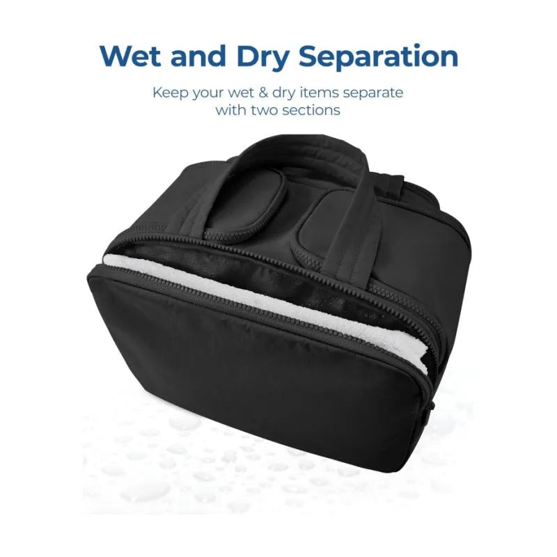 Lightweight large capacity travel toiletries bag open showing fluffy polyester interior in available colours