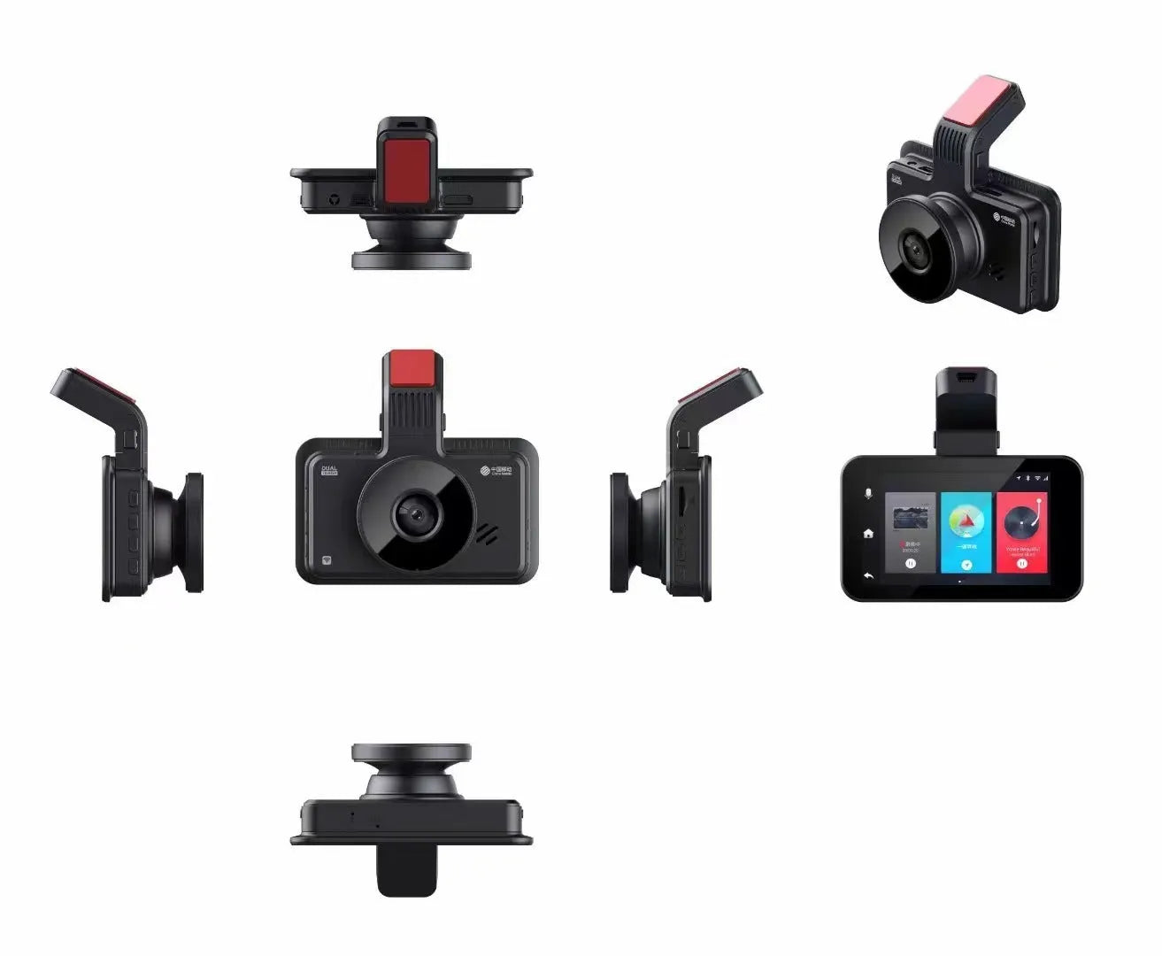 3-inch screen dual lens car dashboard camera DVR with front and rear cameras on a car dashboard.