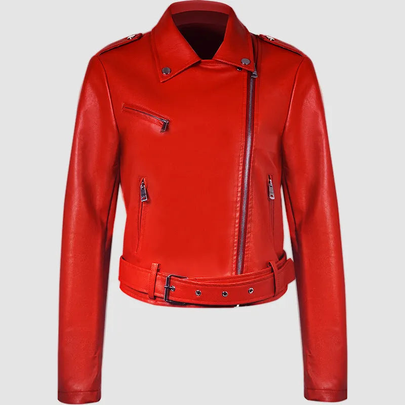 Women's black PU leather motorcycle-style jacket with lapel collar and waist belt on a hanger.