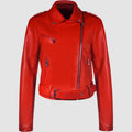 Women's black PU leather motorcycle-style jacket with lapel collar and waist belt on a hanger.