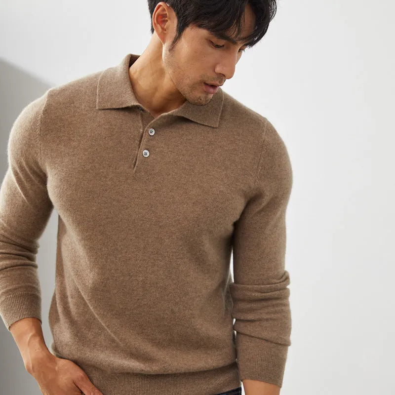 Men's sapphire blue cashmere pullover sweater with a polo collar on a hanger.