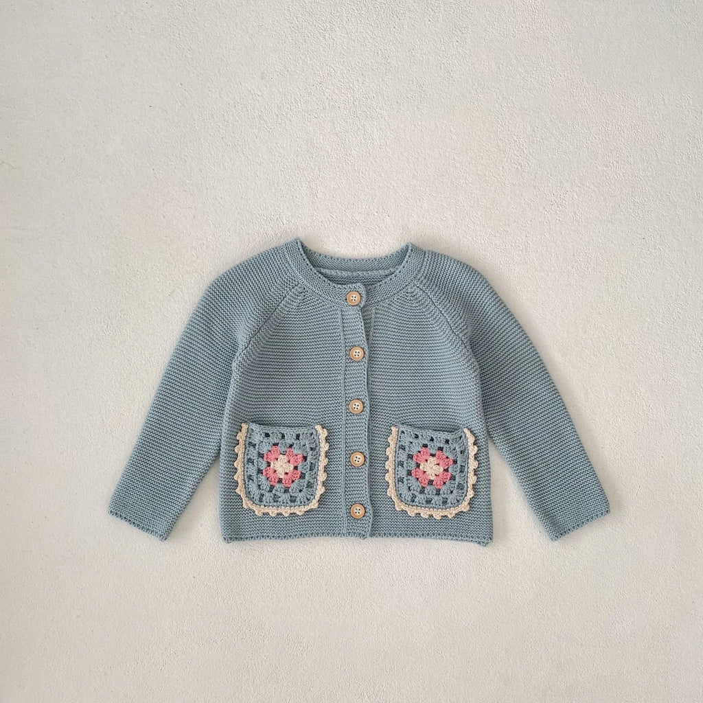 Children's hand crochet cotton cardigan in smokey blue with round collar and hollow flower pocket