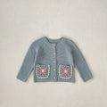 Children's hand crochet cotton cardigan in smokey blue with round collar and hollow flower pocket