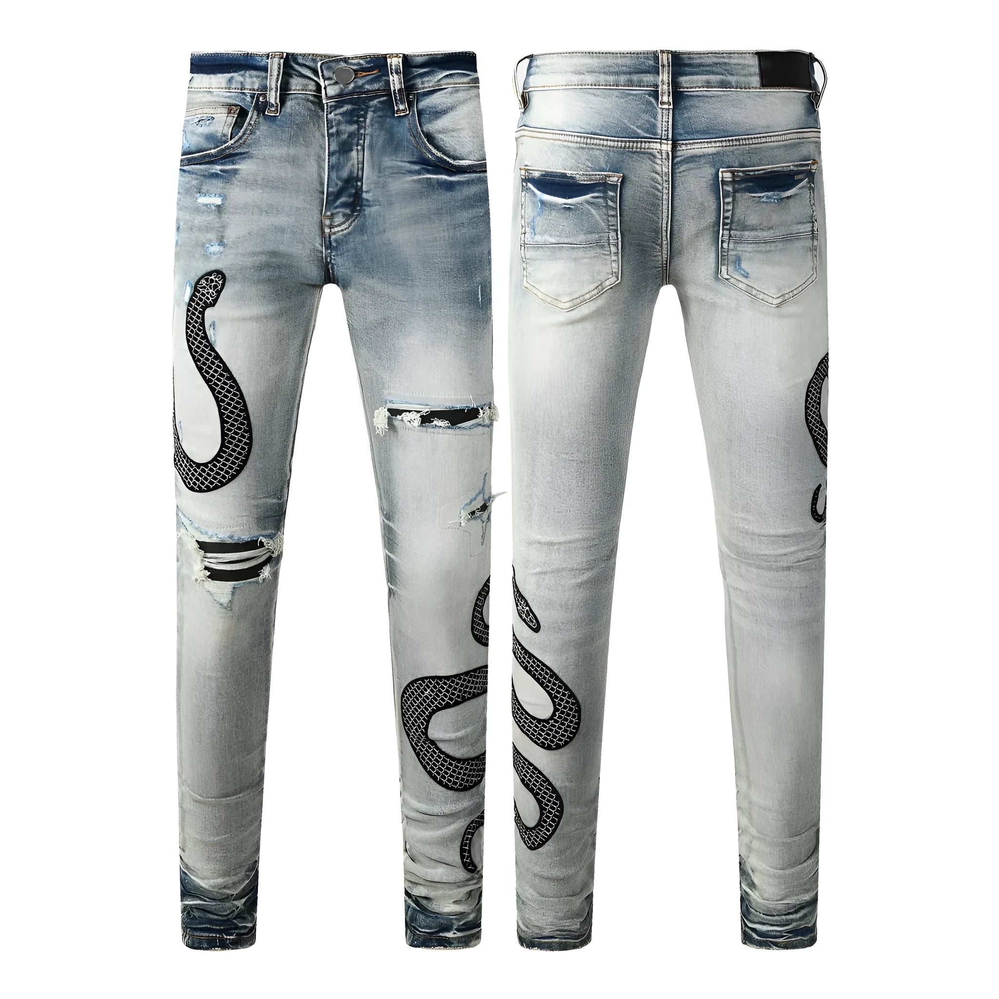 8934Blue distressed skinny jeans with a retro wash and button fly on a mid waist