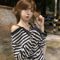 Dark blue women's oversized Korean-style long-sleeved T-shirt with embroidery and striped details