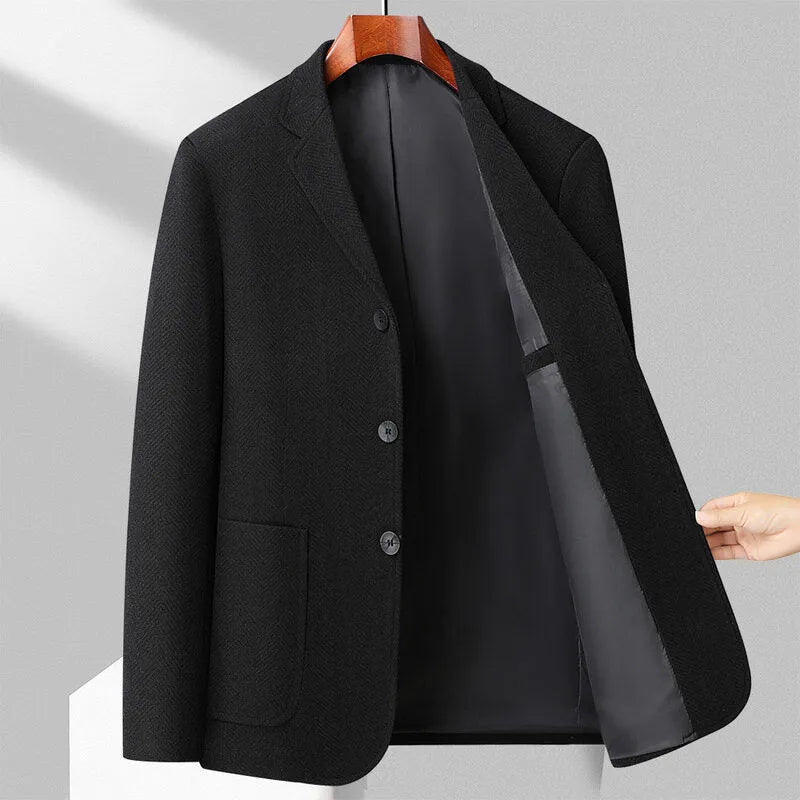Men's loose fit woolen coat in solid colour for spring and autumn seasons
